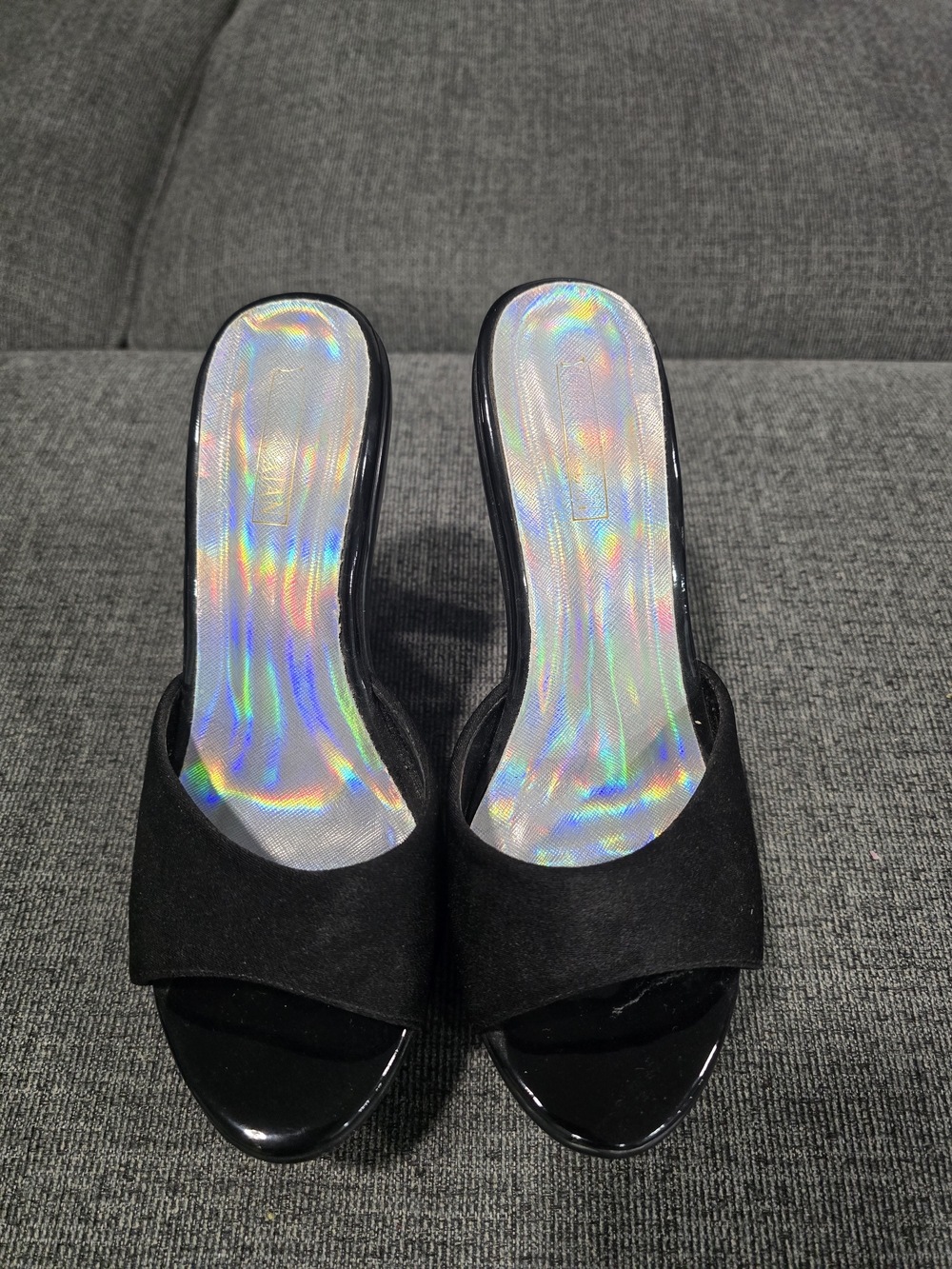 Women's Black Slide Heels with Holographic Insole
